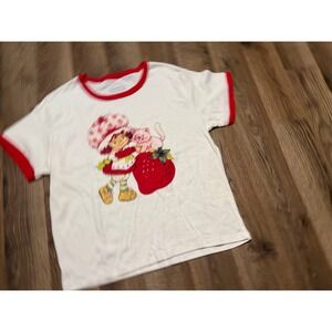 Strawberry Shortcake Ringer Tee Girls XL White Red Kids Graphic Shirt Excellent